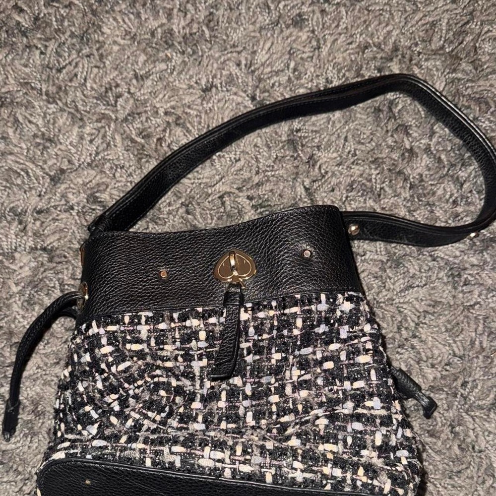 Kate Spade New York Tweed Pebbled Leather Bucket Bag Black Multi Drawstring